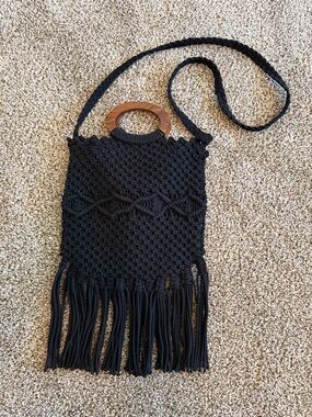 Danielle Nicole Black Macramé Fringe Crossbody with Wood Handle